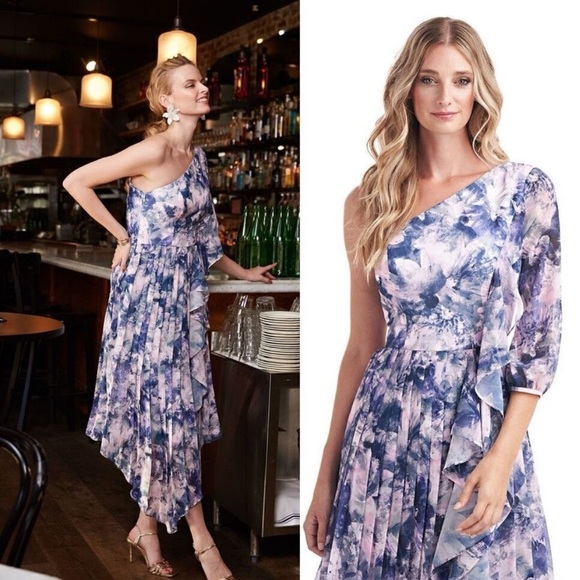 Kay Unger Dress NWT Size 8 Kaylee Floral One Shoulder Ruffle Midi Dress - Picture 2 of 15